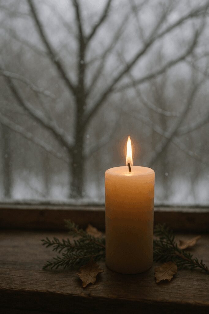 Lit candle on snowy windowsill with branches.