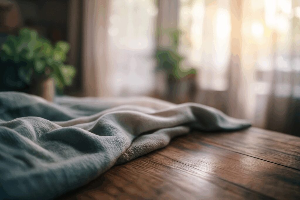 Cozy blanket on sunlit wooden table.