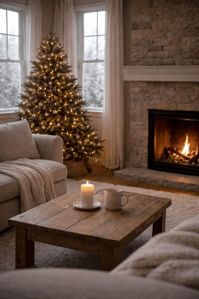 Cozy living room with Christmas tree and fireplace.