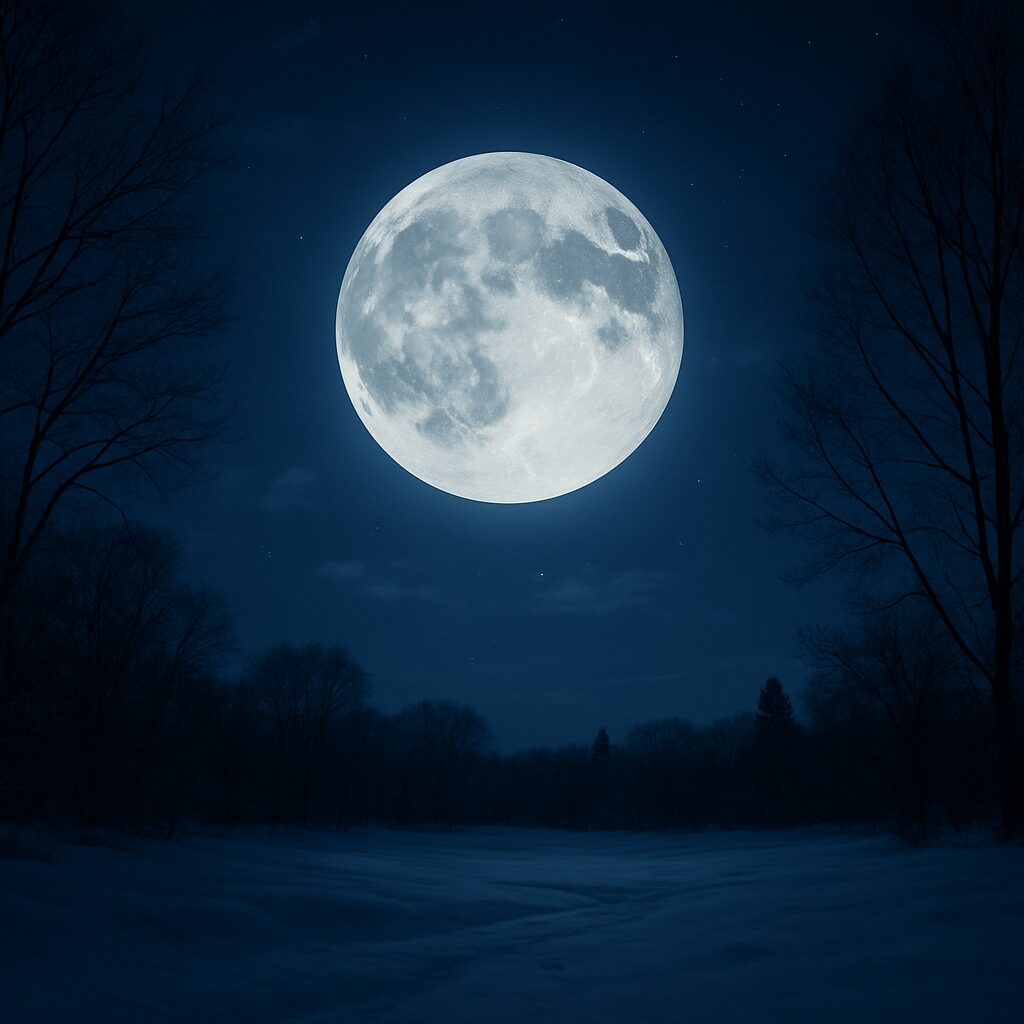 Full moon over a snowy landscape.