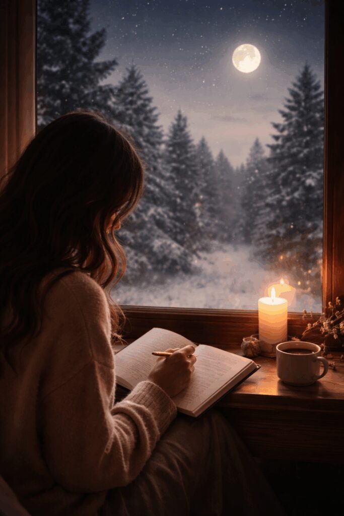Woman writing by window, snowy night scenery.