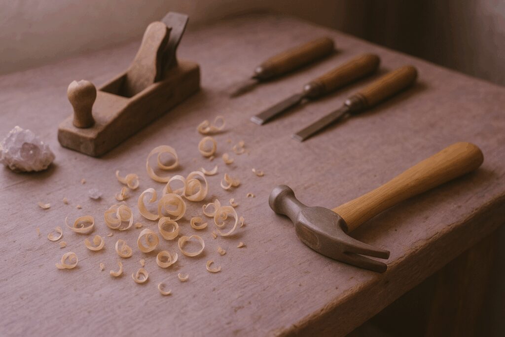 Woodworking tools on table with wood shavings.