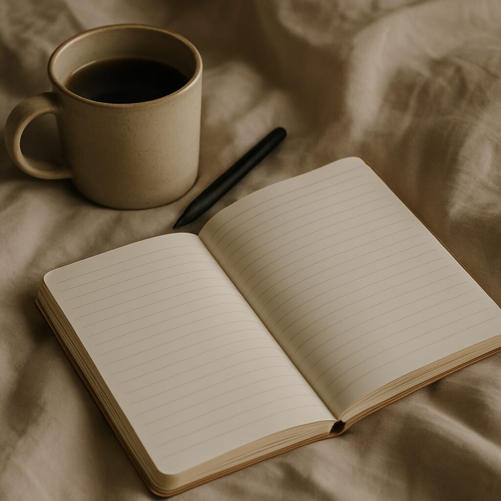 Open notebook with coffee and pen.