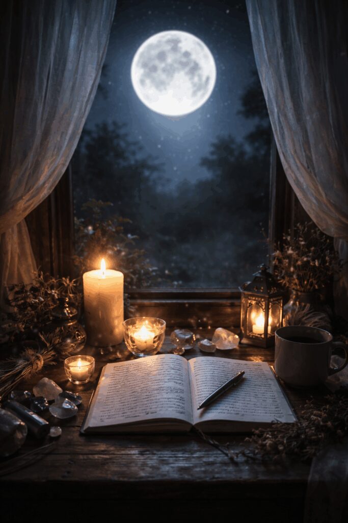 Candlelit journal by moonlit window.