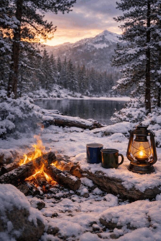 Winter campsite with fire, mugs, and lantern.