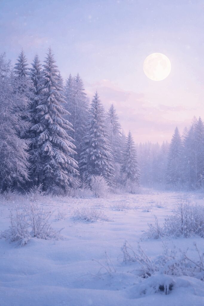 Snowy forest under a full moon.