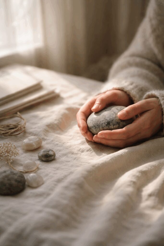 Hands holding a smooth, round stone.