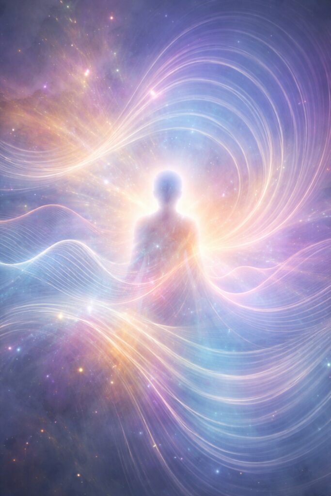 Ethereal figure surrounded by colorful swirling lights.