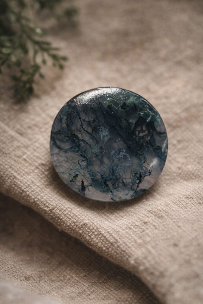 Blue marbled stone on textured fabric background.