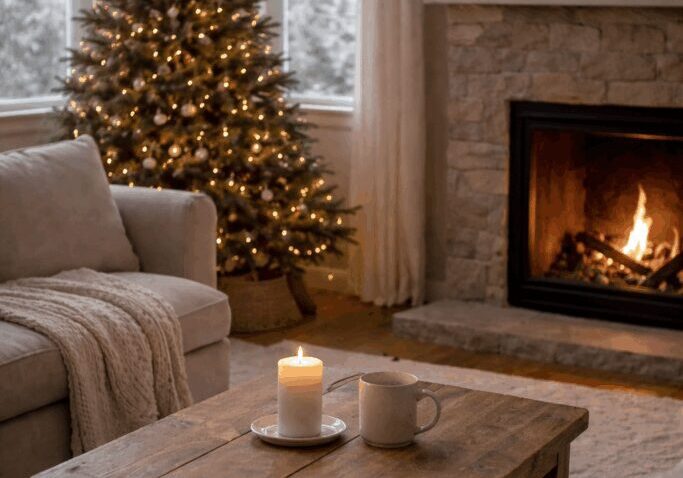 Cozy living room with Christmas tree and fireplace.