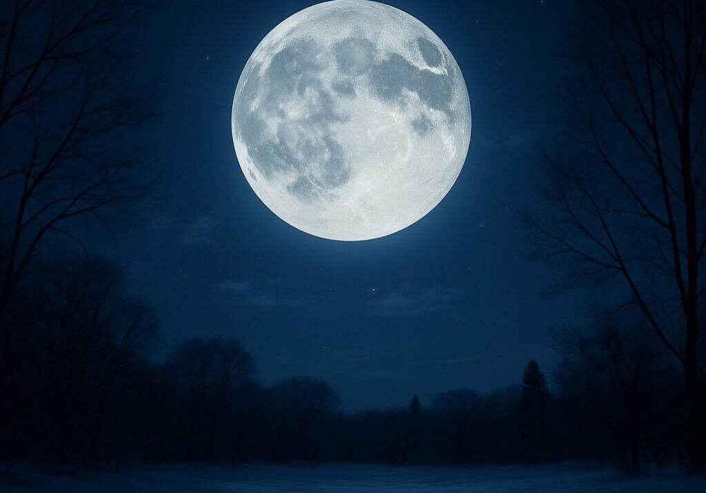 Full moon over a snowy landscape.