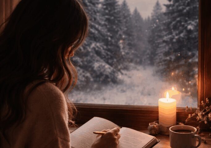 Woman writing by window, snowy night scenery.
