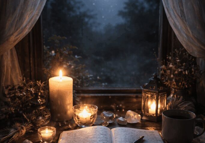 Candlelit journal by moonlit window.