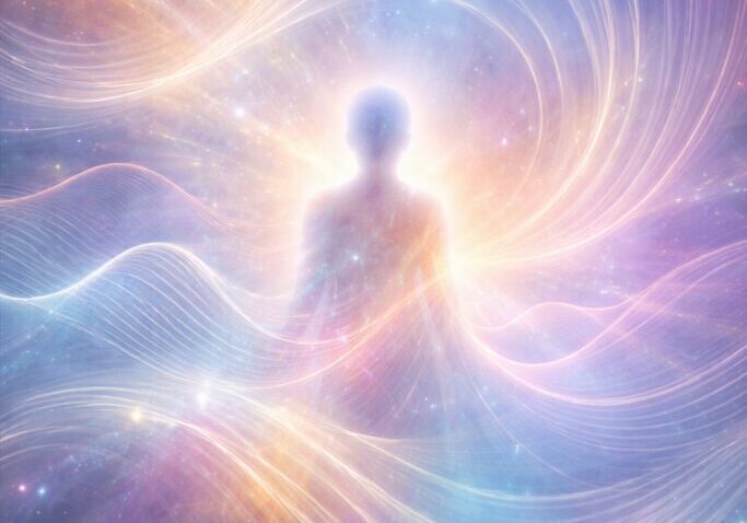 Ethereal figure surrounded by colorful swirling lights.