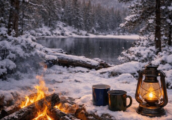 Winter campsite with fire, mugs, and lantern.