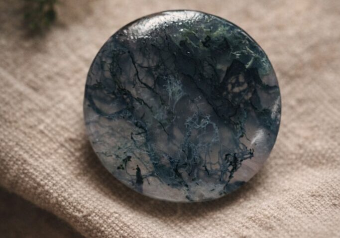 Blue marbled stone on textured fabric background.