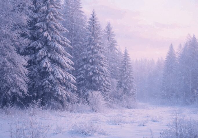 Snowy forest under a full moon.