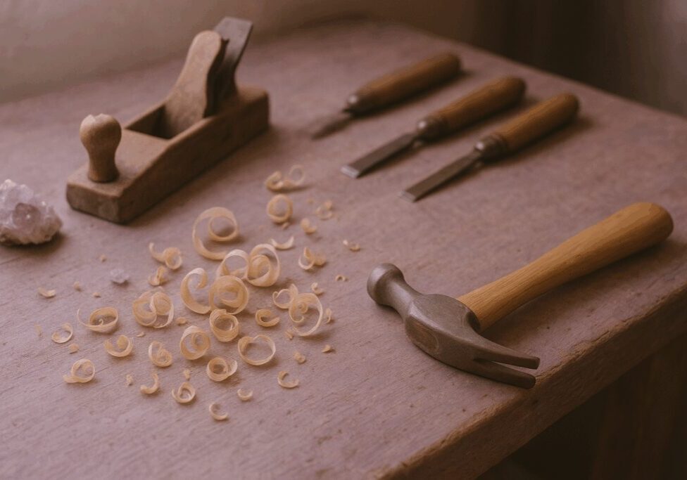 Woodworking tools on table with wood shavings.