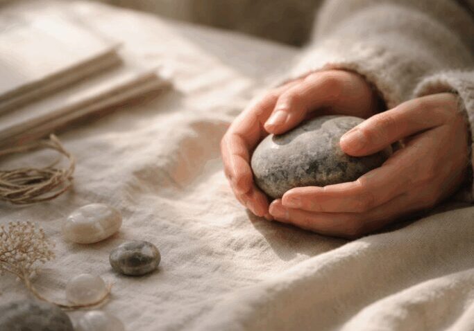 Hands holding a smooth, round stone.