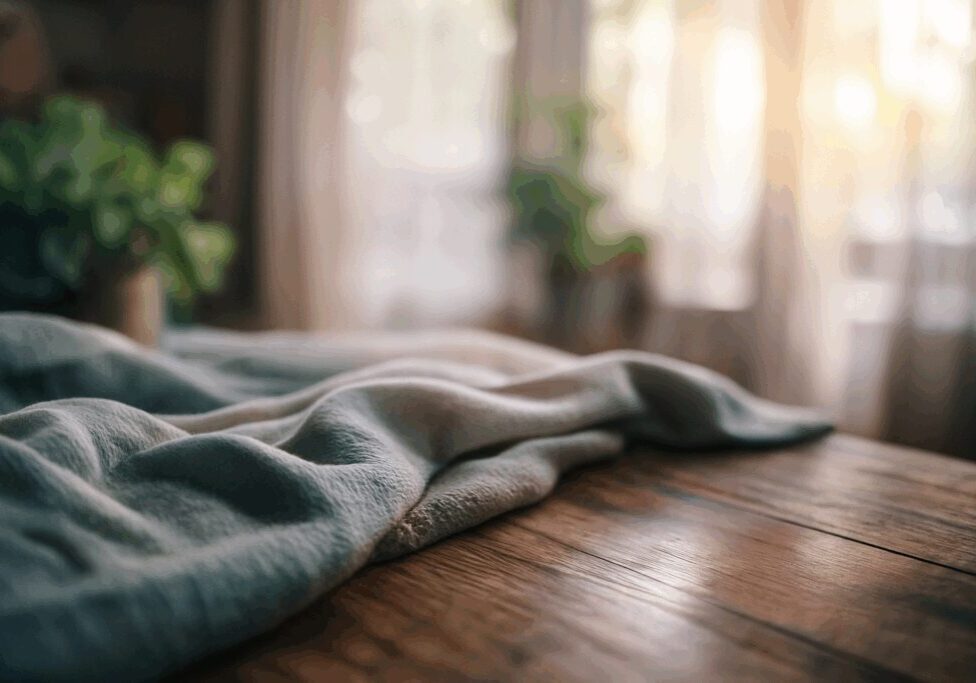 Cozy blanket on sunlit wooden table.