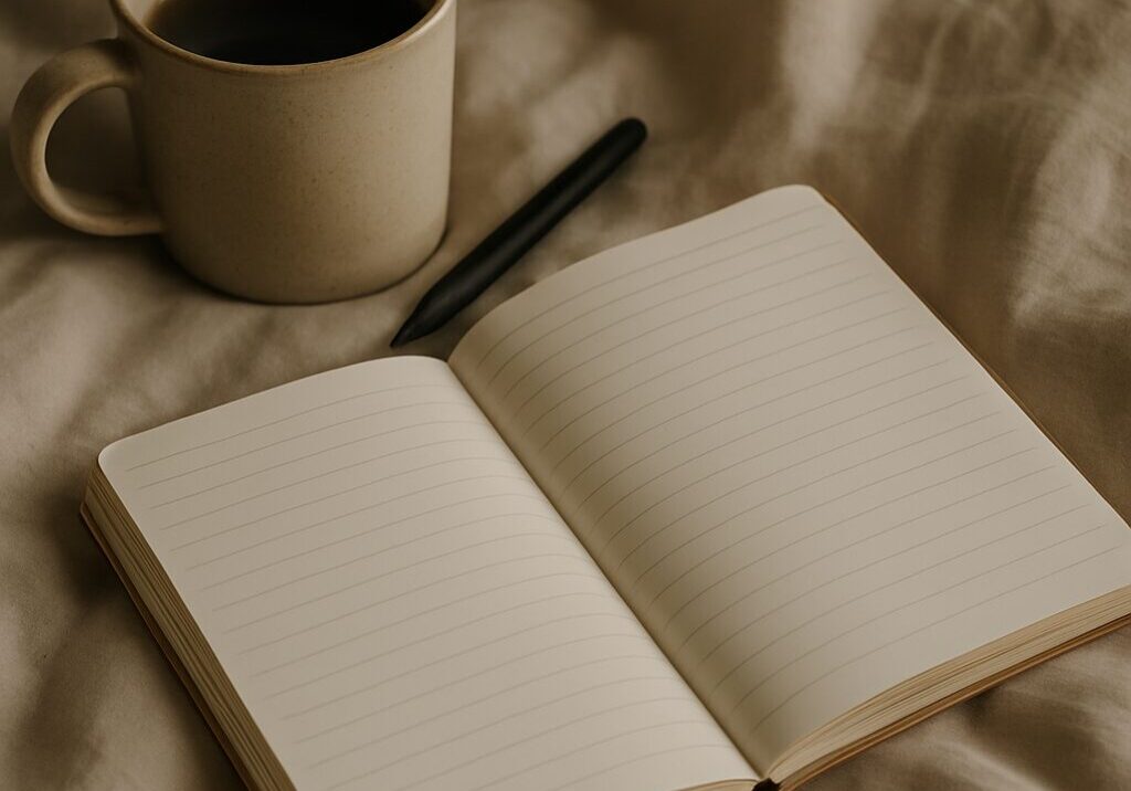 Open notebook with coffee and pen.